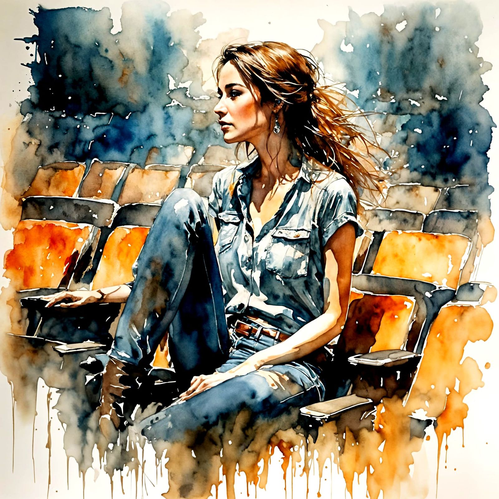 Woman Enjoying Movie Night in Theater, Watercolor Style