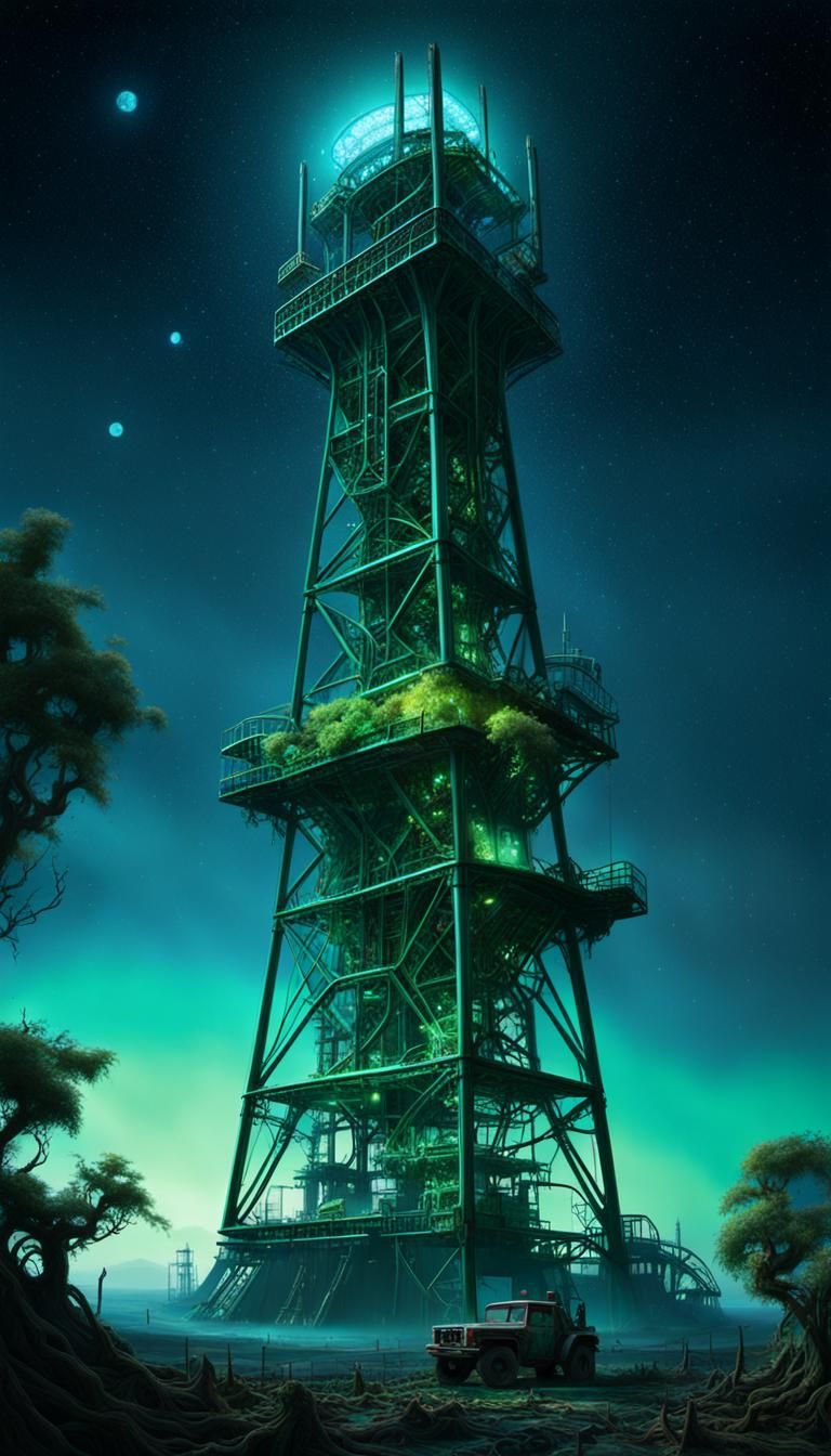 Bioluminescent Oil Rig in Deep Space