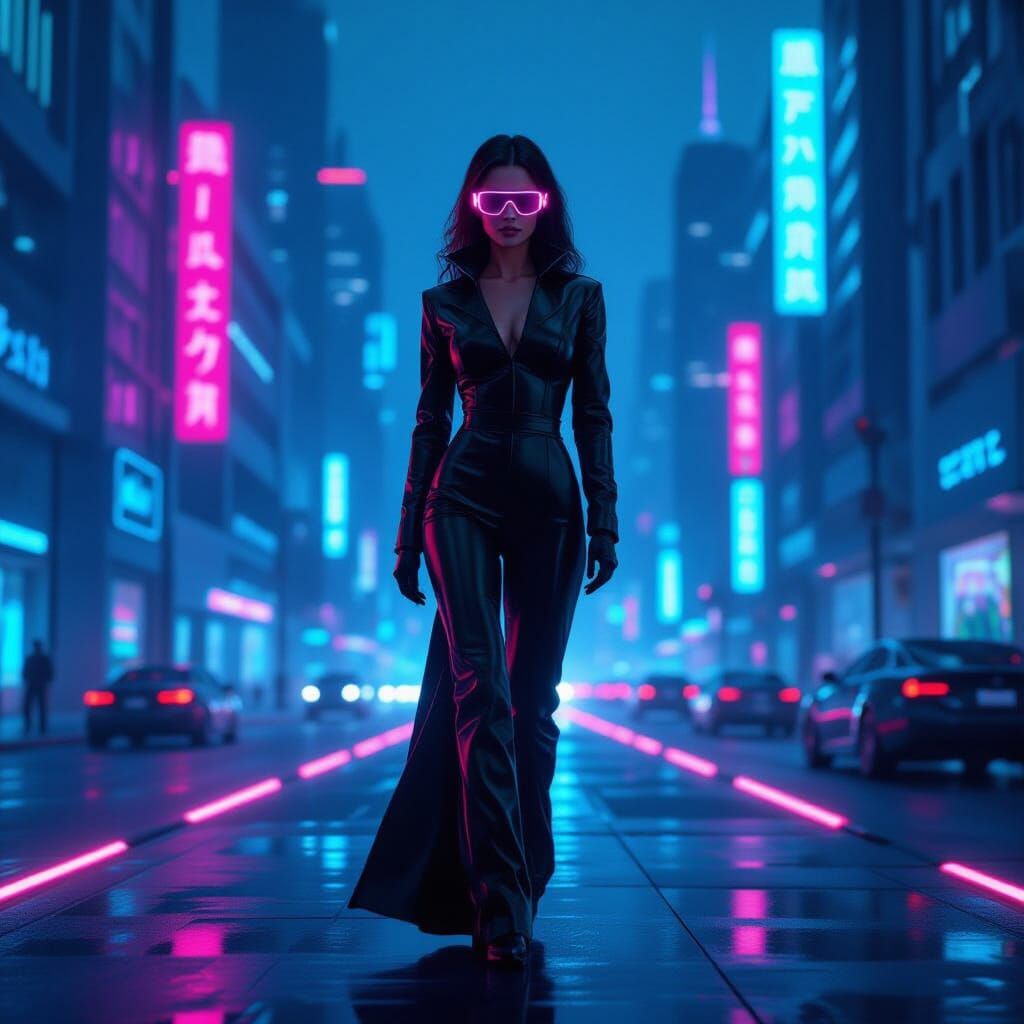 Retro-Futuristic Woman in Neon Cityscape