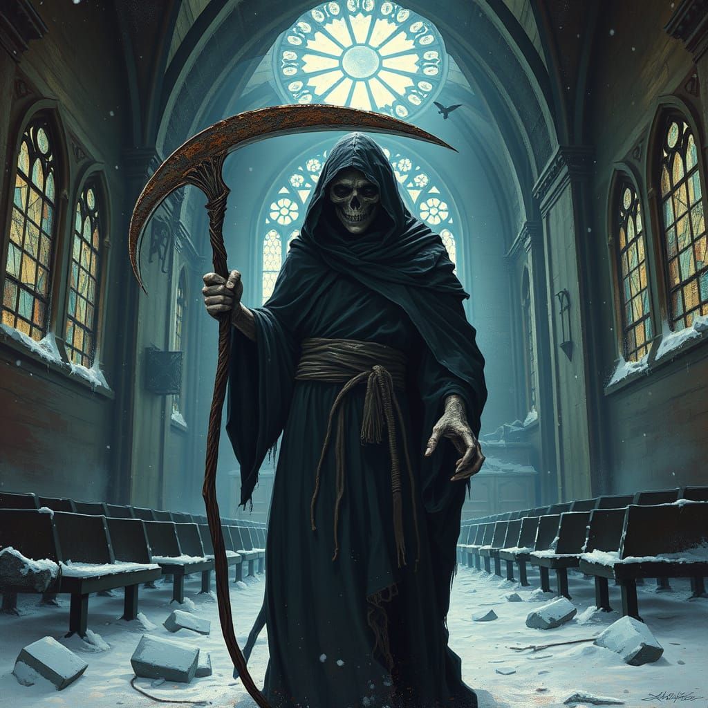 Grim Reaper in Haunted Church Winter Scene
