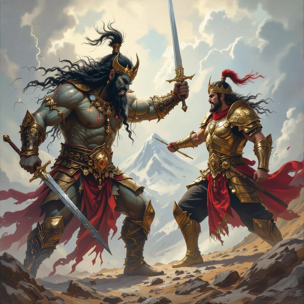 King Victorious Over Asura in High-Fantasy Oil Painting