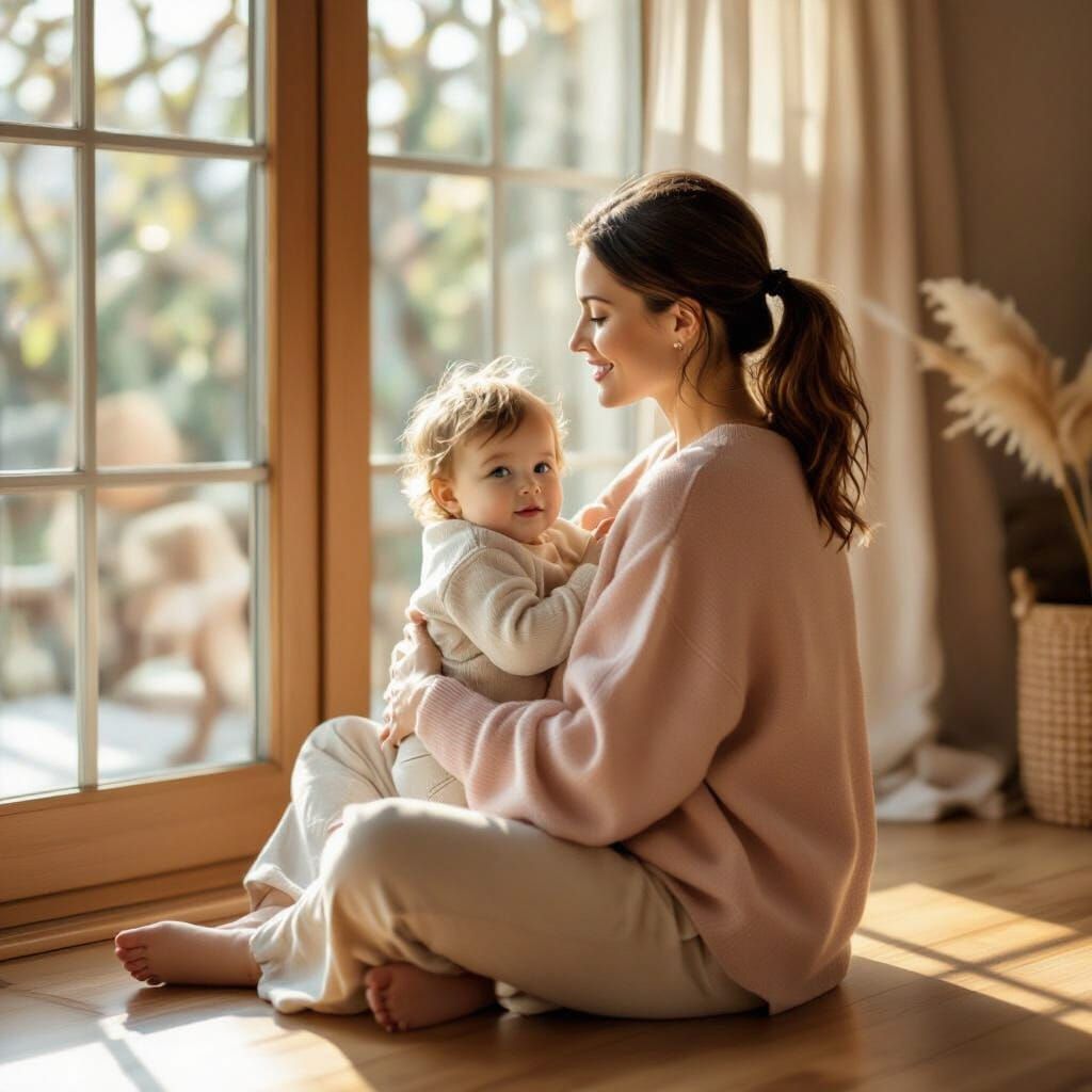 Mother and Child in Sunlit Room, Documentary Style
