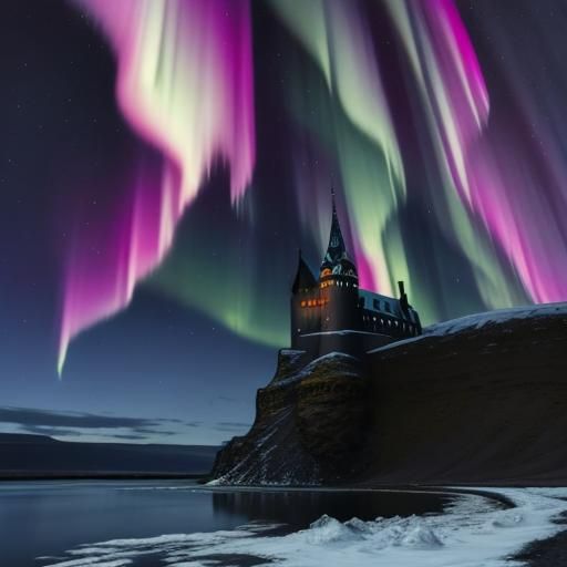 Icelandic Black Castle Under Northern Lights
