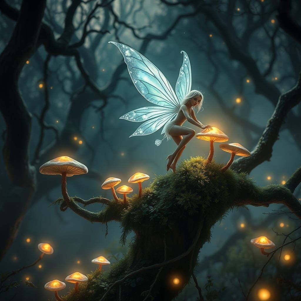 Ethereal Fairy Amidst Bioluminescent Forest in Dreamlike Atm...