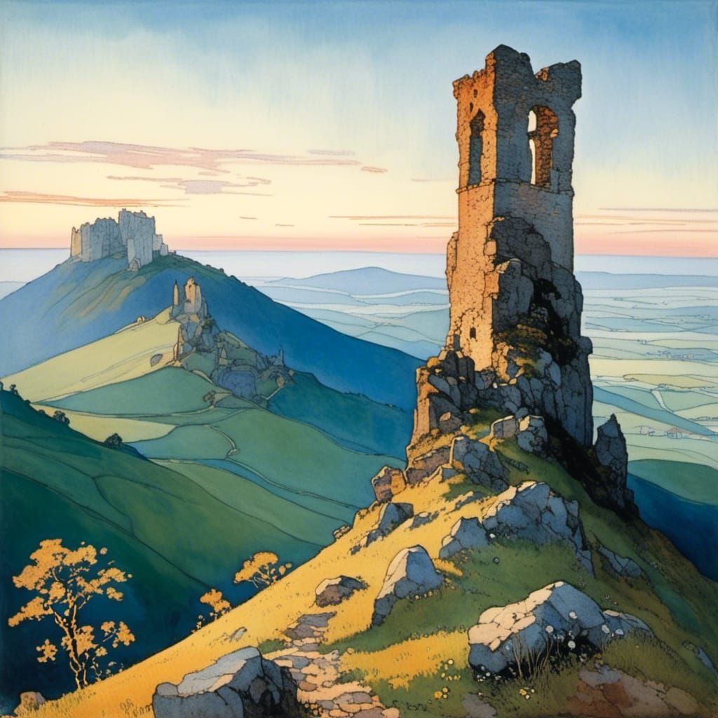 Mountain Tower in Evening Light: Pointillist Style