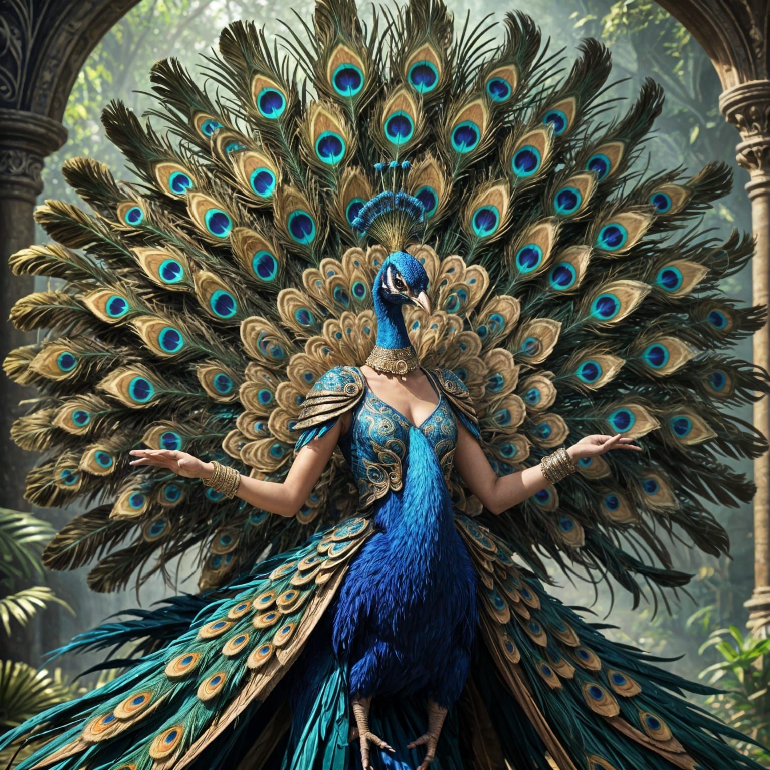Fantastical Fan Dancer with Peacock Feathers in a Vibrant Dr...