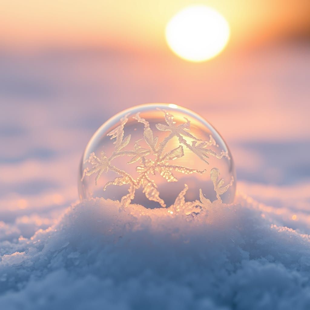 Frozen Soap Bubble with Fractal Patterns in Golden Light