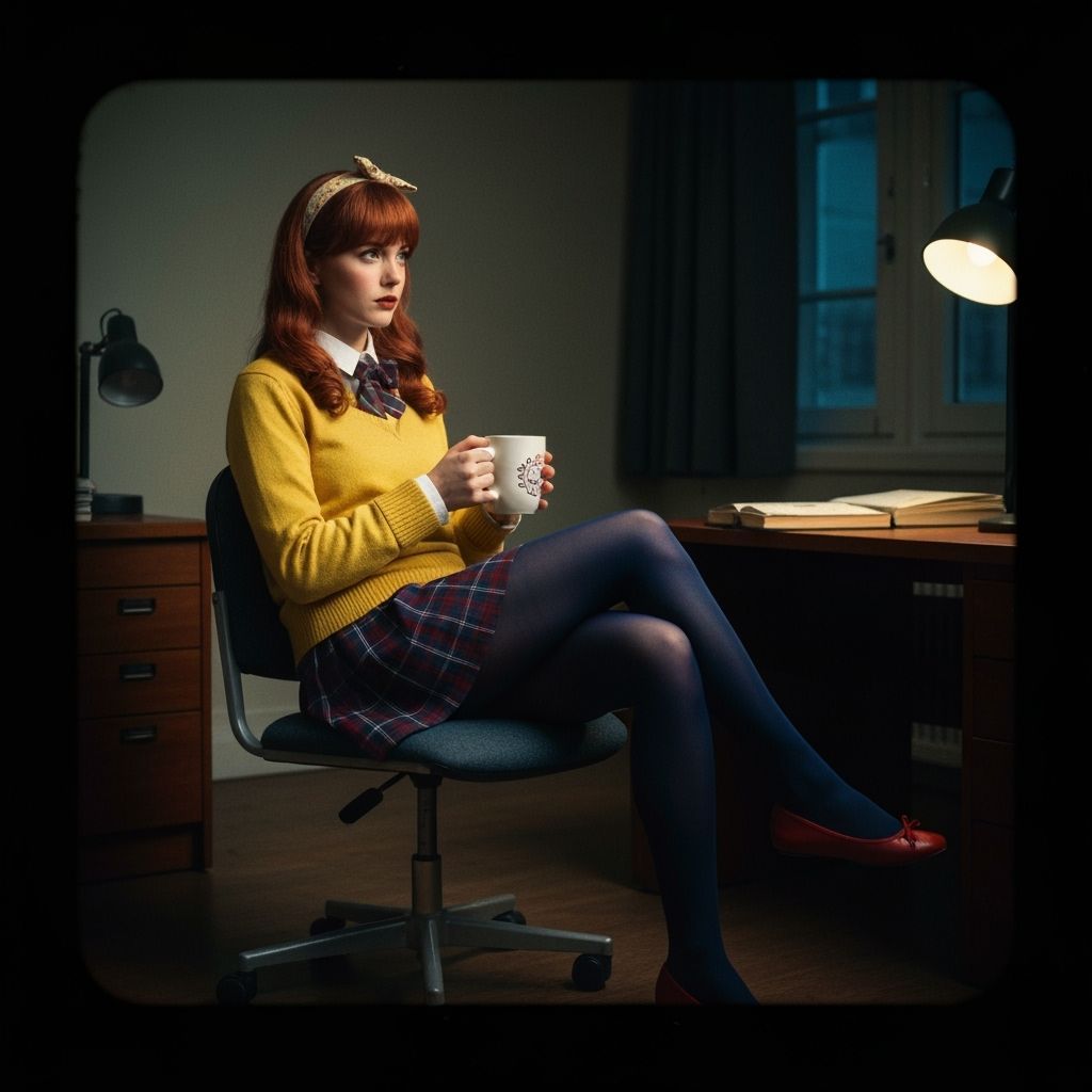 Auburn-Haired Woman in Plaid Skirt, Cinematic Style