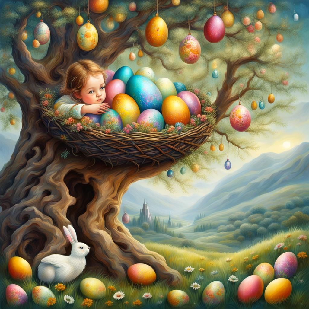 Easter Girl with Bunny in Oil Painting Style
