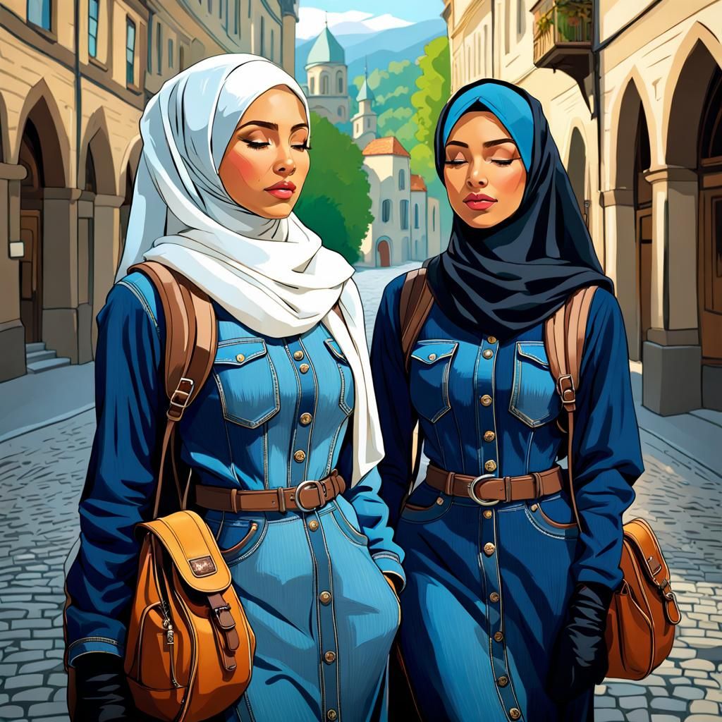 Hijabi Women Hiking in Koblenz: Detailed Digital Art