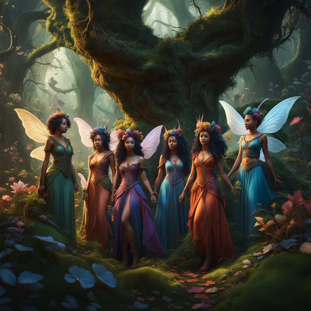 Fairies Wreathing Clothing in Enchanted Forest: Fantasy Conc...