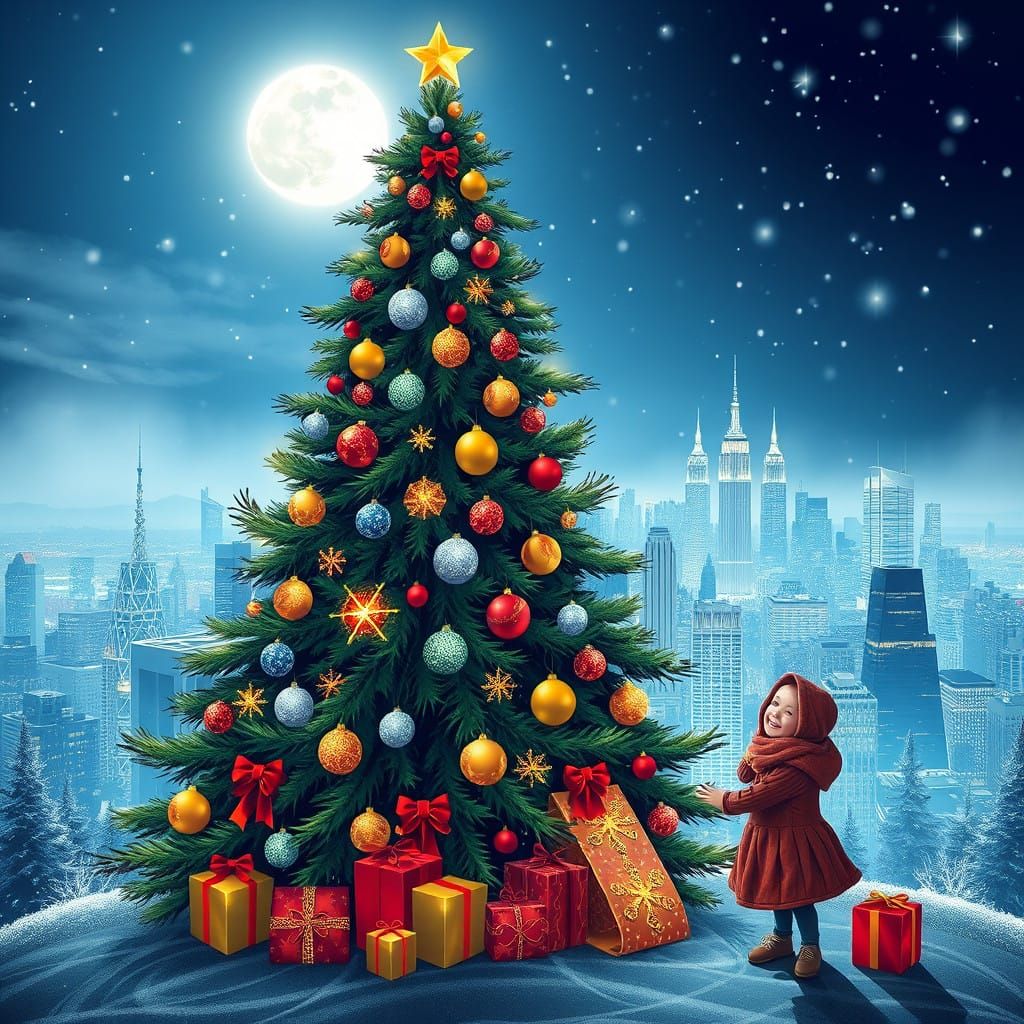 Vibrant Christmas Scene with Cityscape and Children