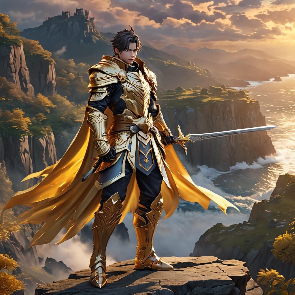 Epic Anime Mage Swordsman on Cliff Edge