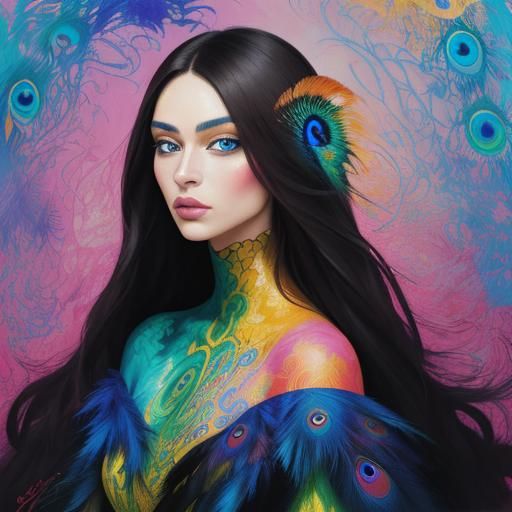 Peacock Woman Portrait in Abstract Expressionism Style