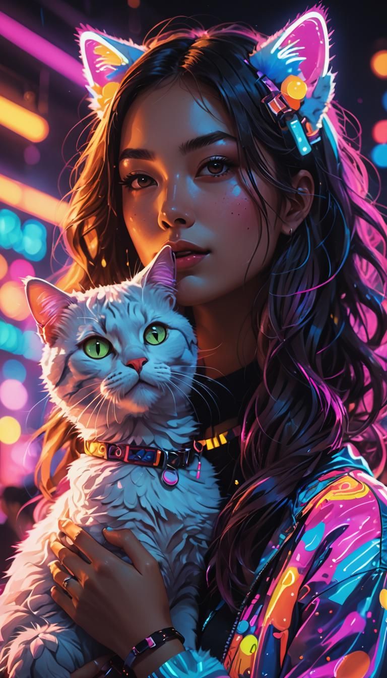 Woman Dancing with Cat at Rave in Neon Digital Art