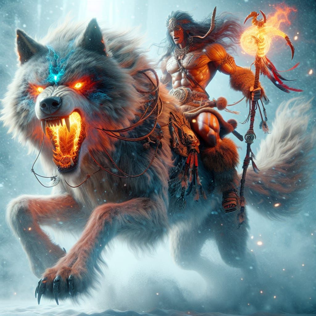 Tribal Warrior on Giant Wolf in Blizzard