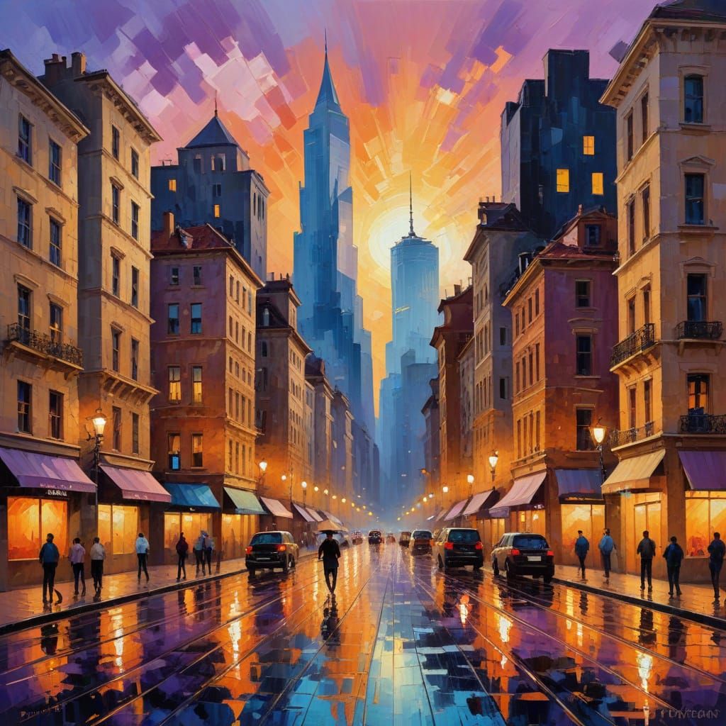Vibrant Neo-Impressionist Cityscape at Dusk with Expressive ...
