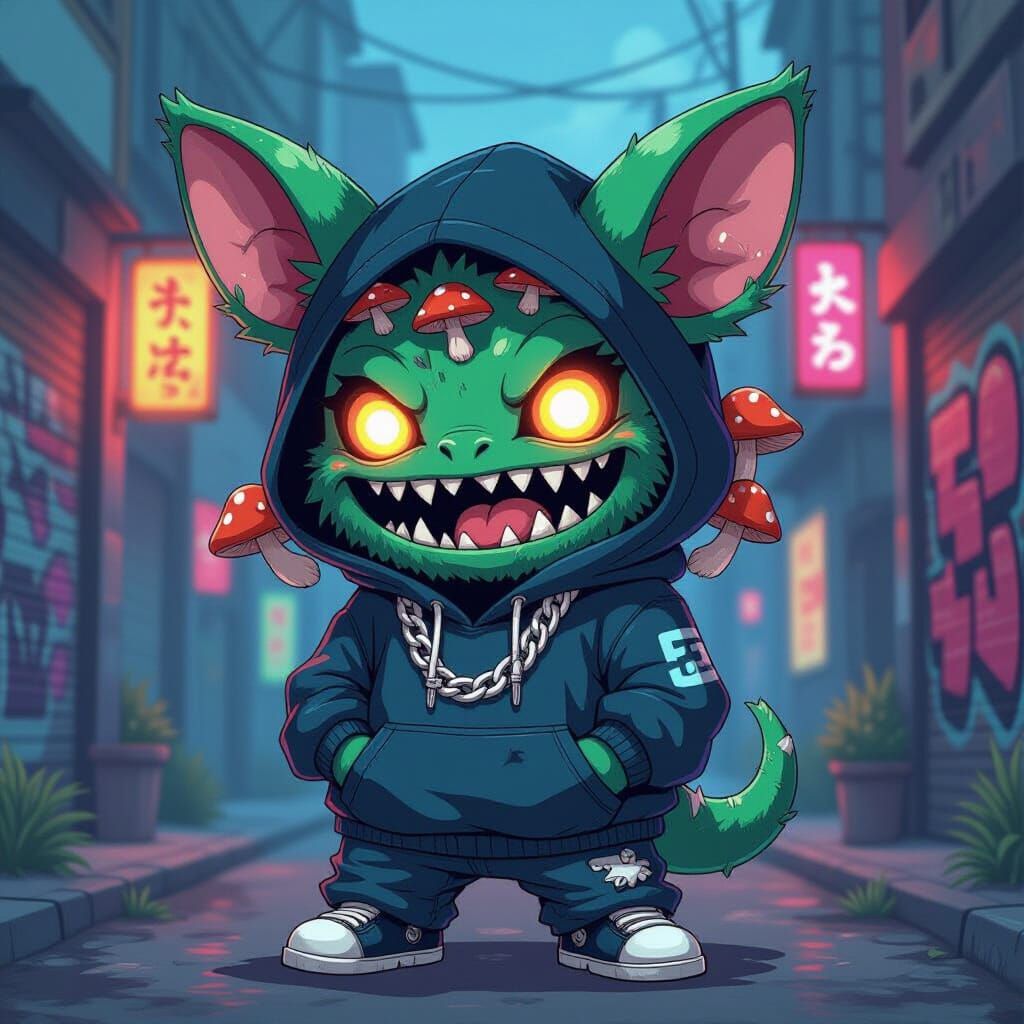 Cute Alien Monster in Hip-Hop Style with Neon Graffiti