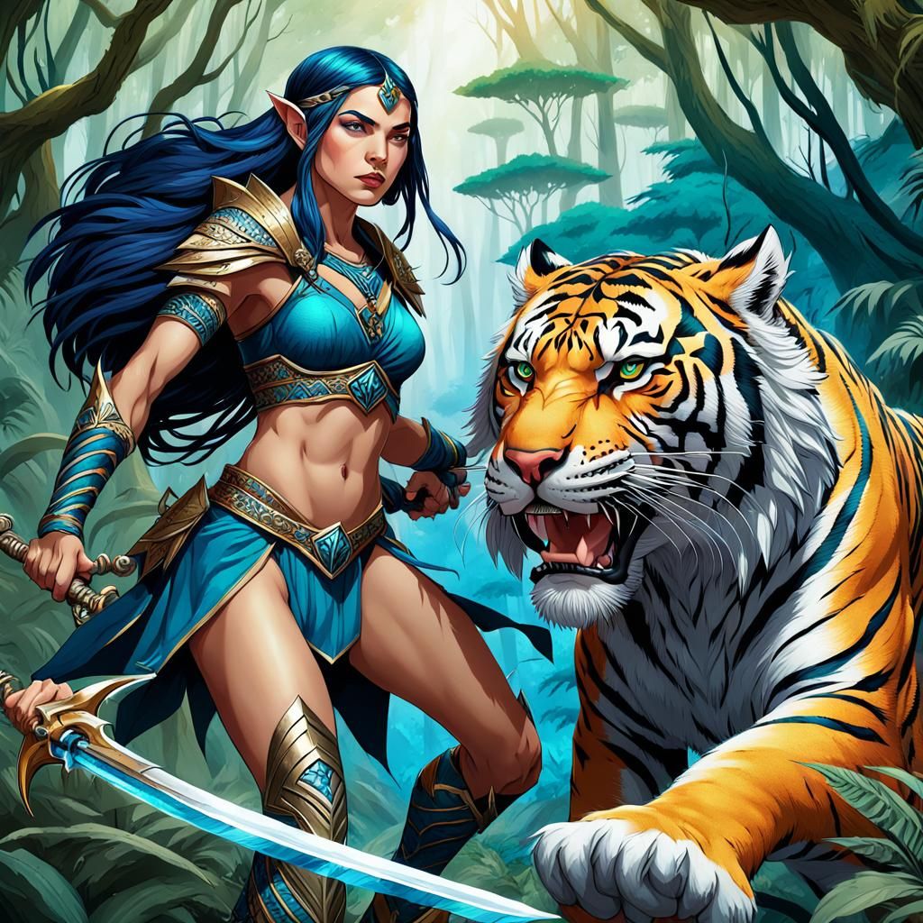 Elven Ranger and Saber-Toothed Tiger in Jungle