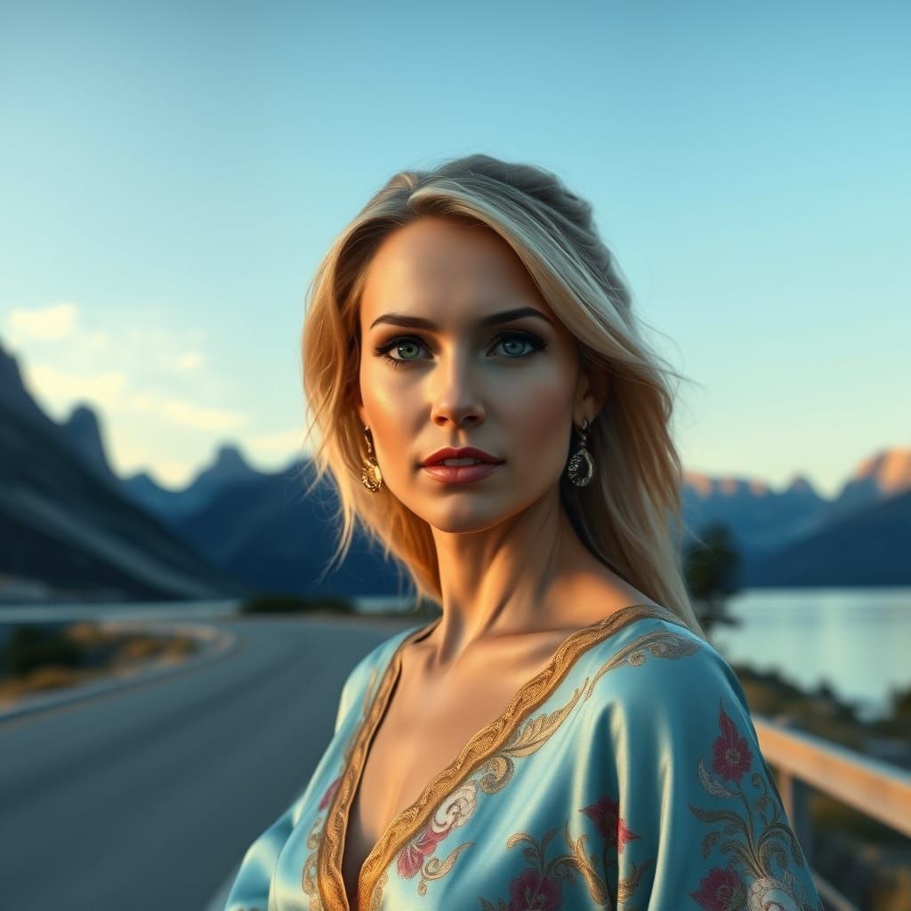Elegant Woman on Lakeshore in Fantasy Art Style