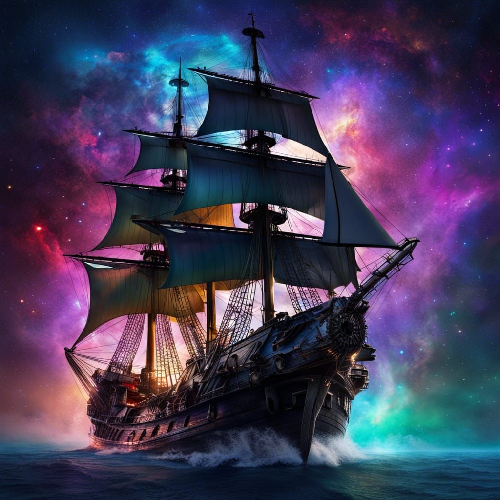 Corsair Ship Sailing Nebula in Hyperrealistic Style