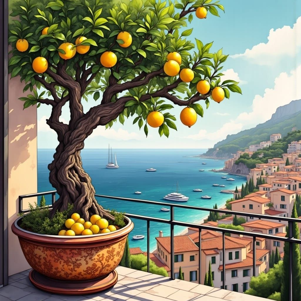 Lemon Tree Overlooking Turquoise Sea, in Digital Painting St...
