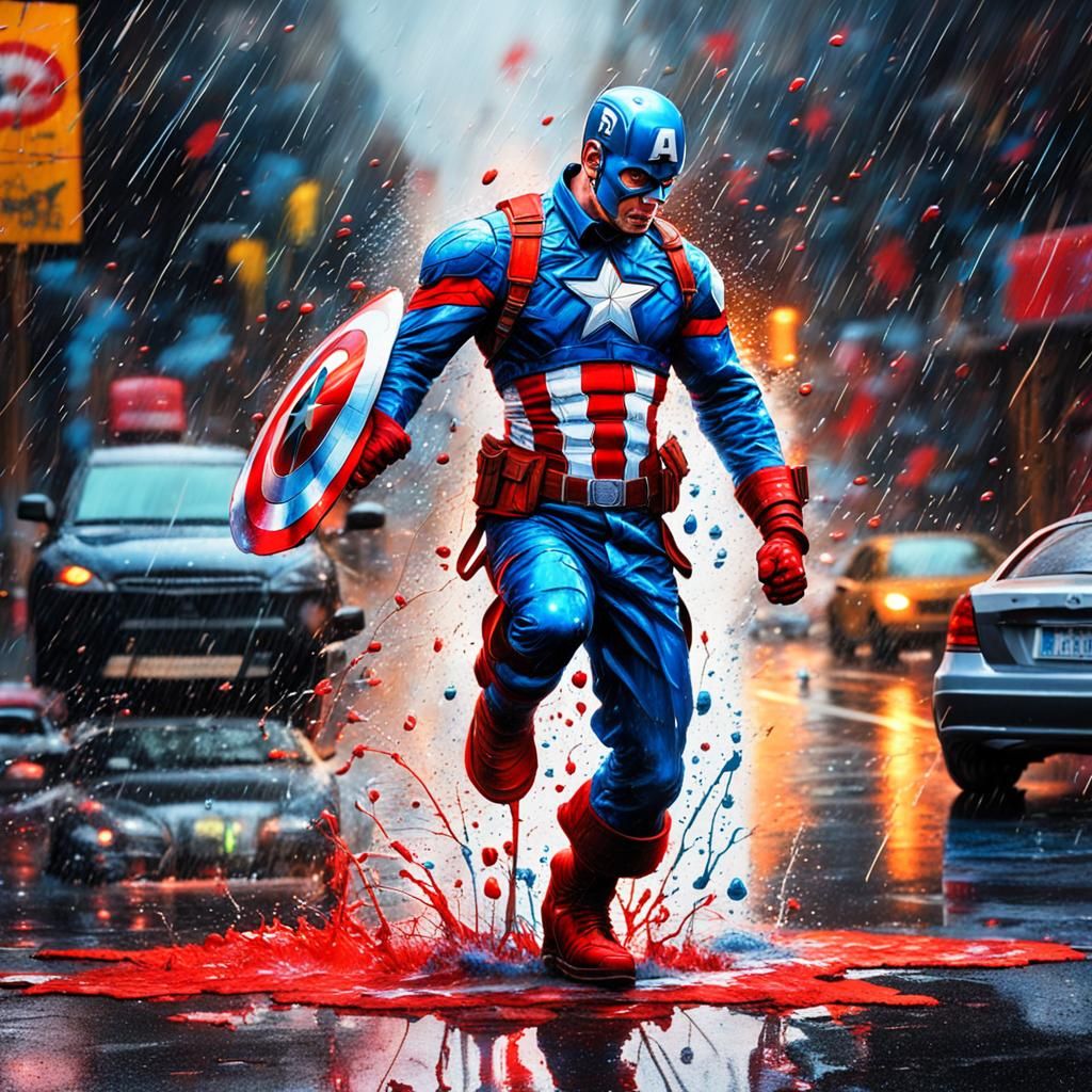 Captain America in Neon Raincoat Graffiti Art