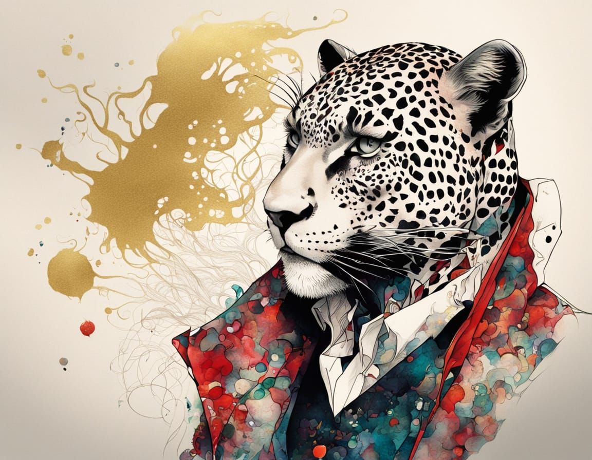 Swedish Man Half Leopard with Gemstones in Bold Tattoo Style