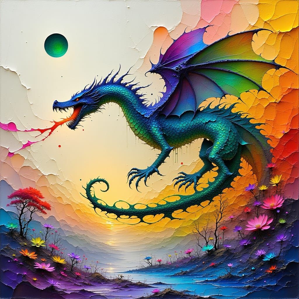 Emerald Dragon with Amethyst Wings in Liquid Art Style