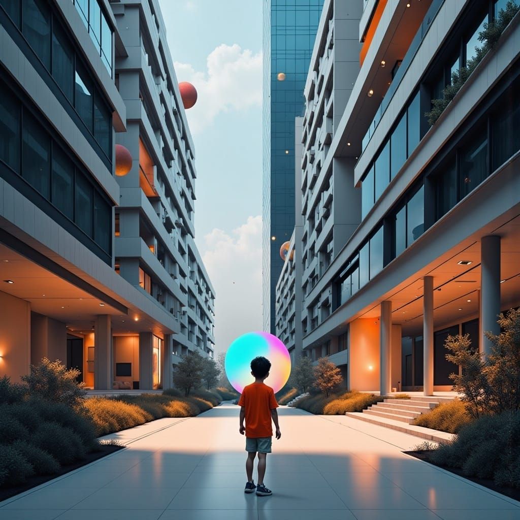 Child's Magical Playtime in Futuristic Cityscape