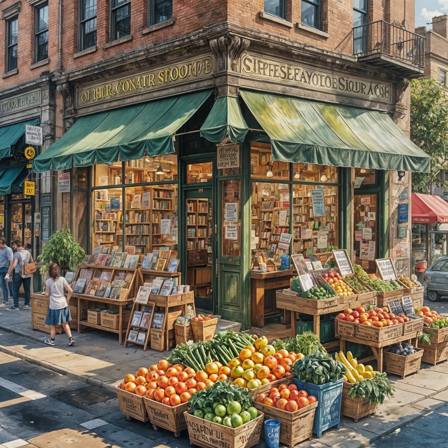 Vibrant Bookstore Storefront with Fresh Produce Stand in Hyp...