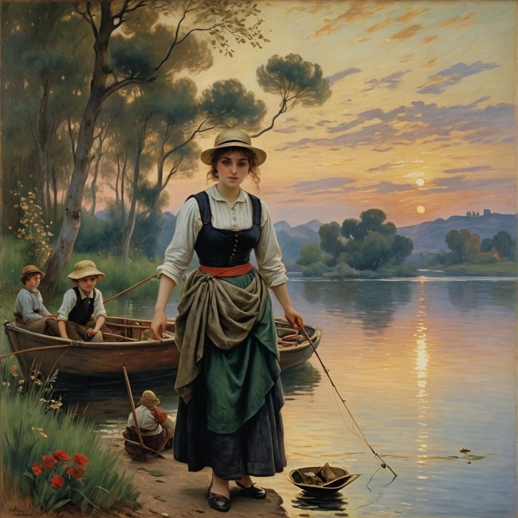 Fishing at Golden Hour in Classical Style