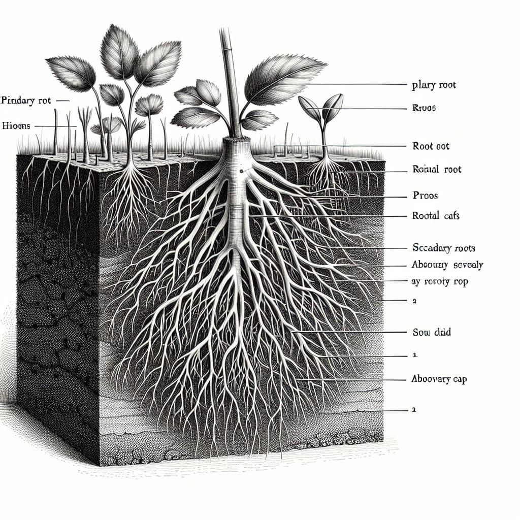 Detailed Scientific Illustration of Plant Roots