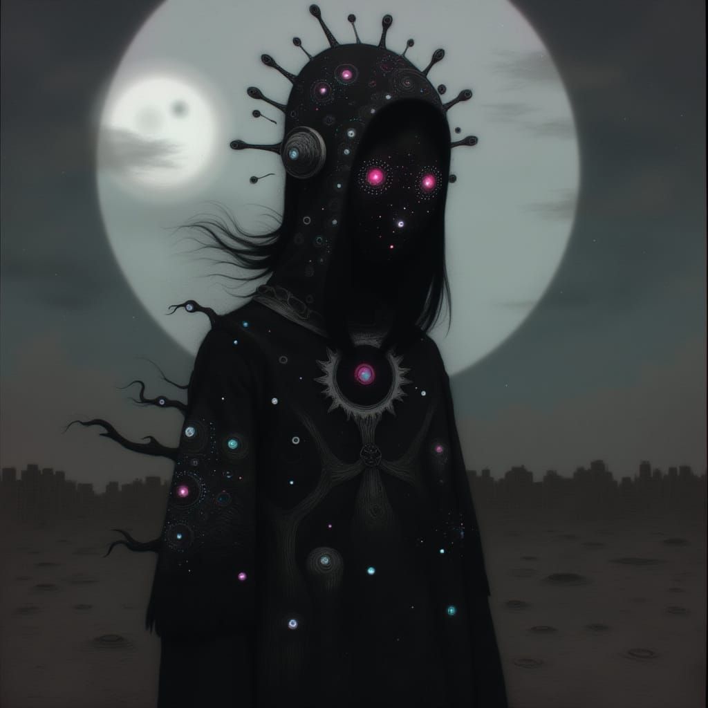 Mystical Masked Figure in Moonlit Digital Art