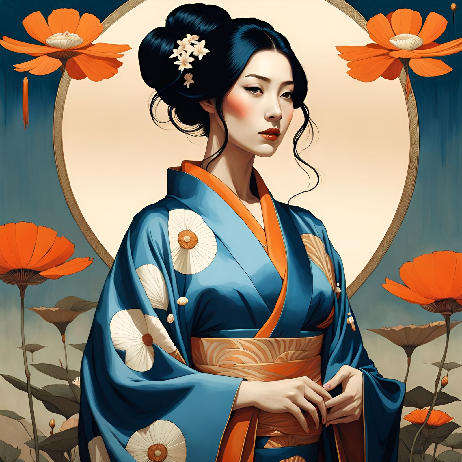 Elegant Japanese Woman in Kimono, Art Nouveau Style