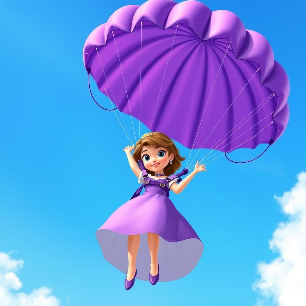 Princess Sofia Skydiving with Purple Parachute: Whimsical Ar...