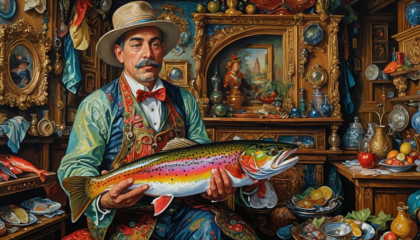 Expressionist Painting of Person with Trout, Impasto Style