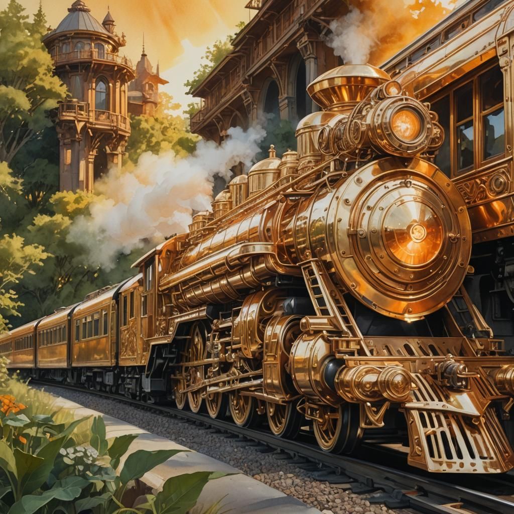 Golden Steampunk Train in Summer Landscape