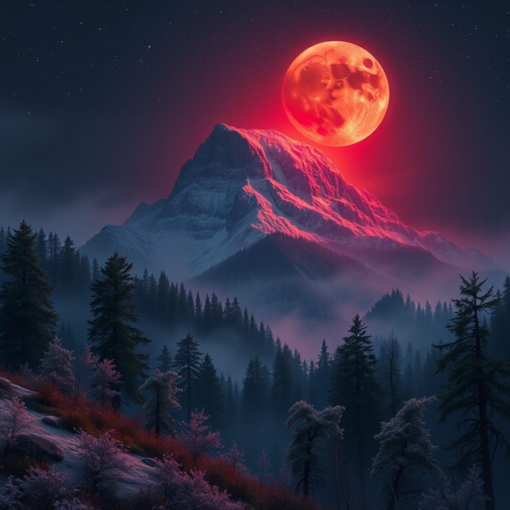 Mystical Foggy Landscape with Large Blood Moon