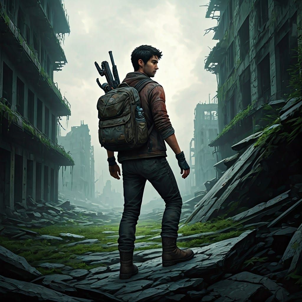 Heroic Figure at the Edge of Ruined Cityscape