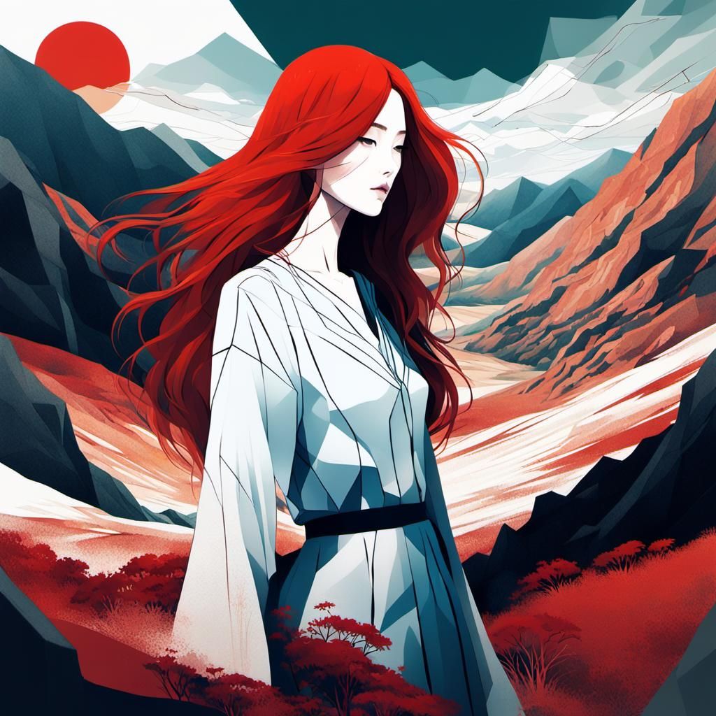 Redhead Double Exposure in Manhwa Style