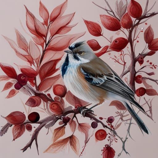 Winter Bird Among Berries: Illustrative Art
