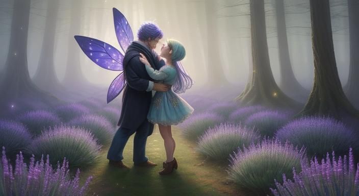 Fairy Hugs Lavender Monster in Fantasy Oil Painting