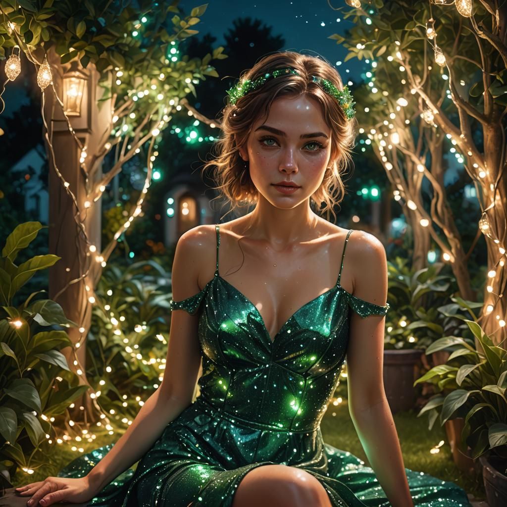 Woman in Green Dress Surrounded by Fairy Lights