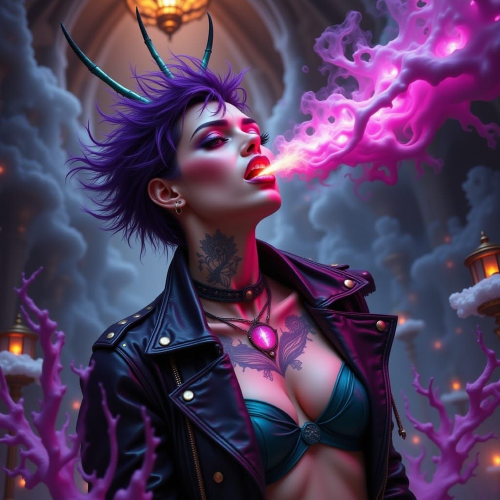 Cyberpunk Fairy Witch Breathes Fire, Hyperrealistic