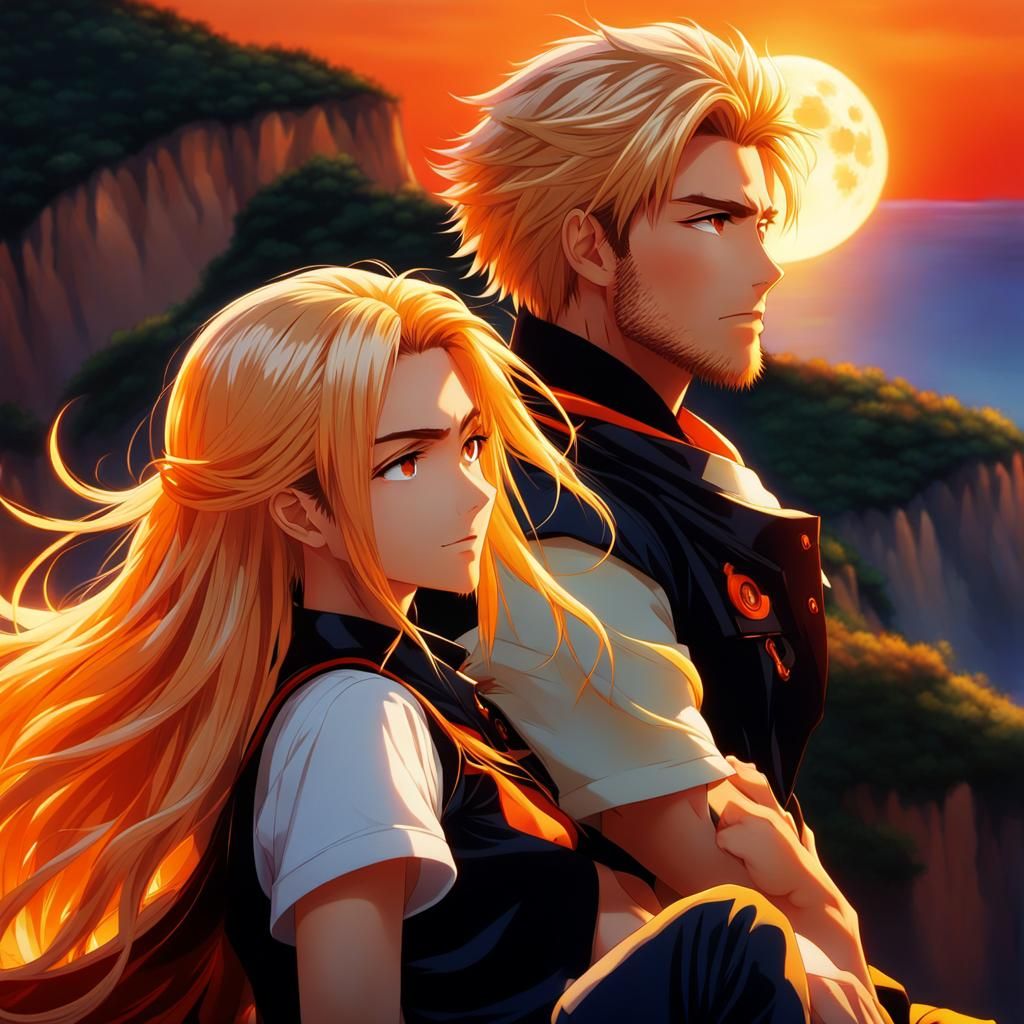 Anime Sunset: Inseparable Couple in Japanese Manga Style