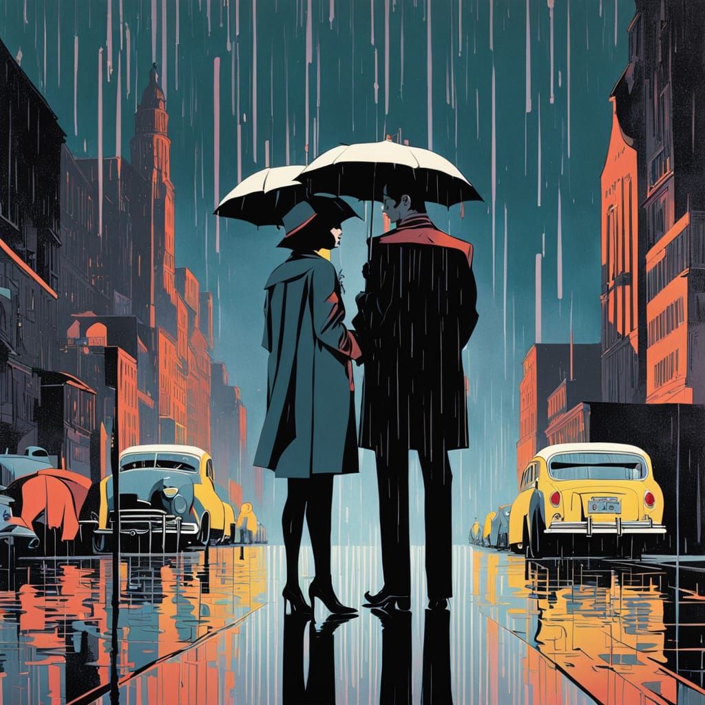 Romantic Rain Embrace in Nagel Style