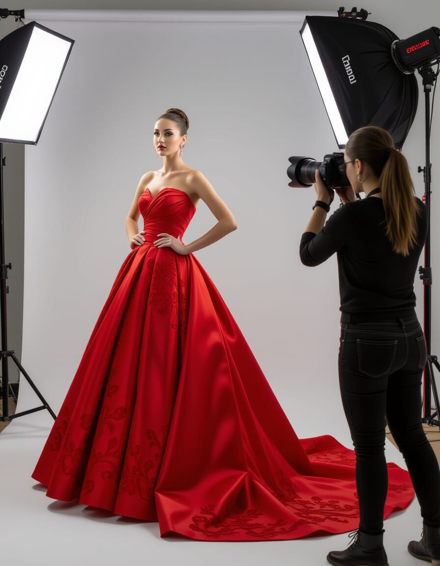 Fashion Model in Red Silk Gown, Studio Photography