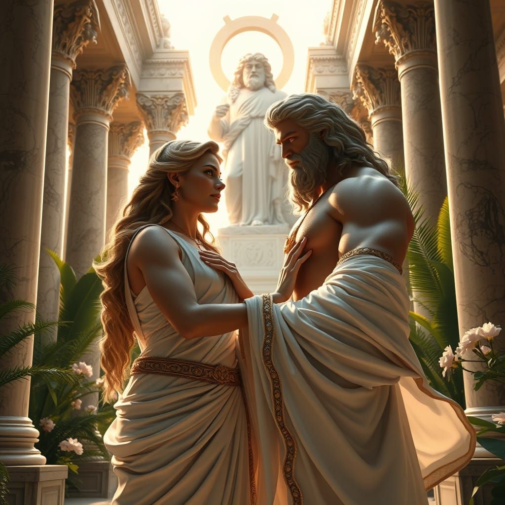 Greek Goddess Seduces Zeus in Elegant Ancient Temple