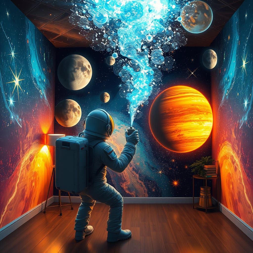 Astronaut Creates 3D Cosmic Scene with Spray Paint